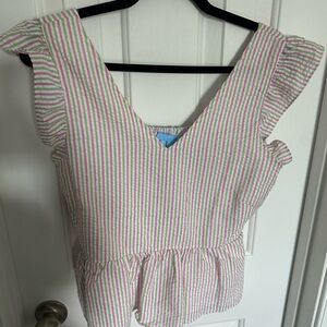 Draper James Pink and Green Striped Ruffle Blouse